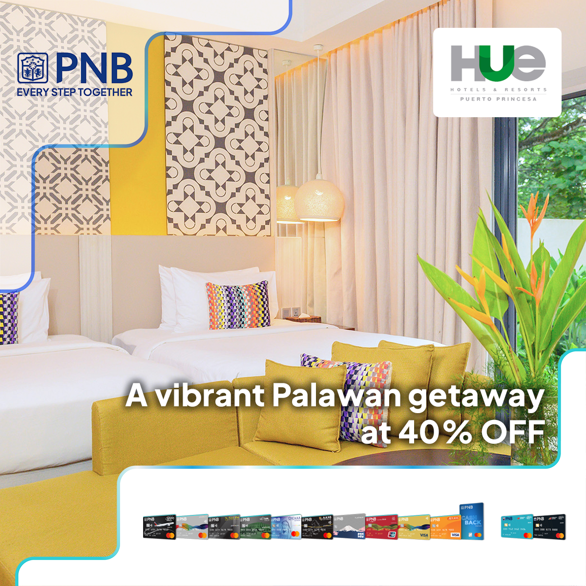 Modern room at Hue Hotel - Puerto Princesa featuring 35% advance booking discount, white bedding, and vibrant green accents