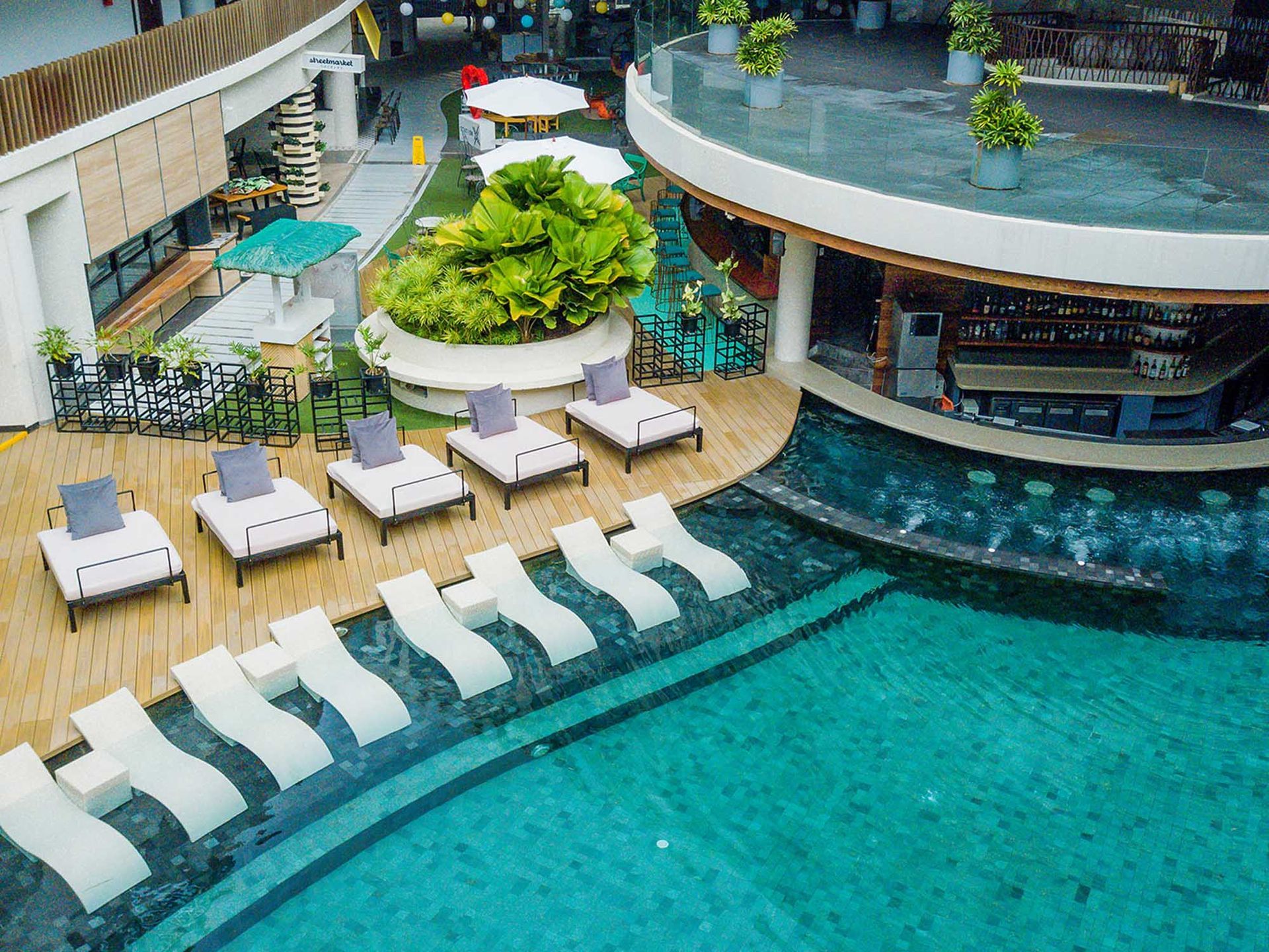 Hue Hotel Boracay Station 2 pool bar and loungers aerial view