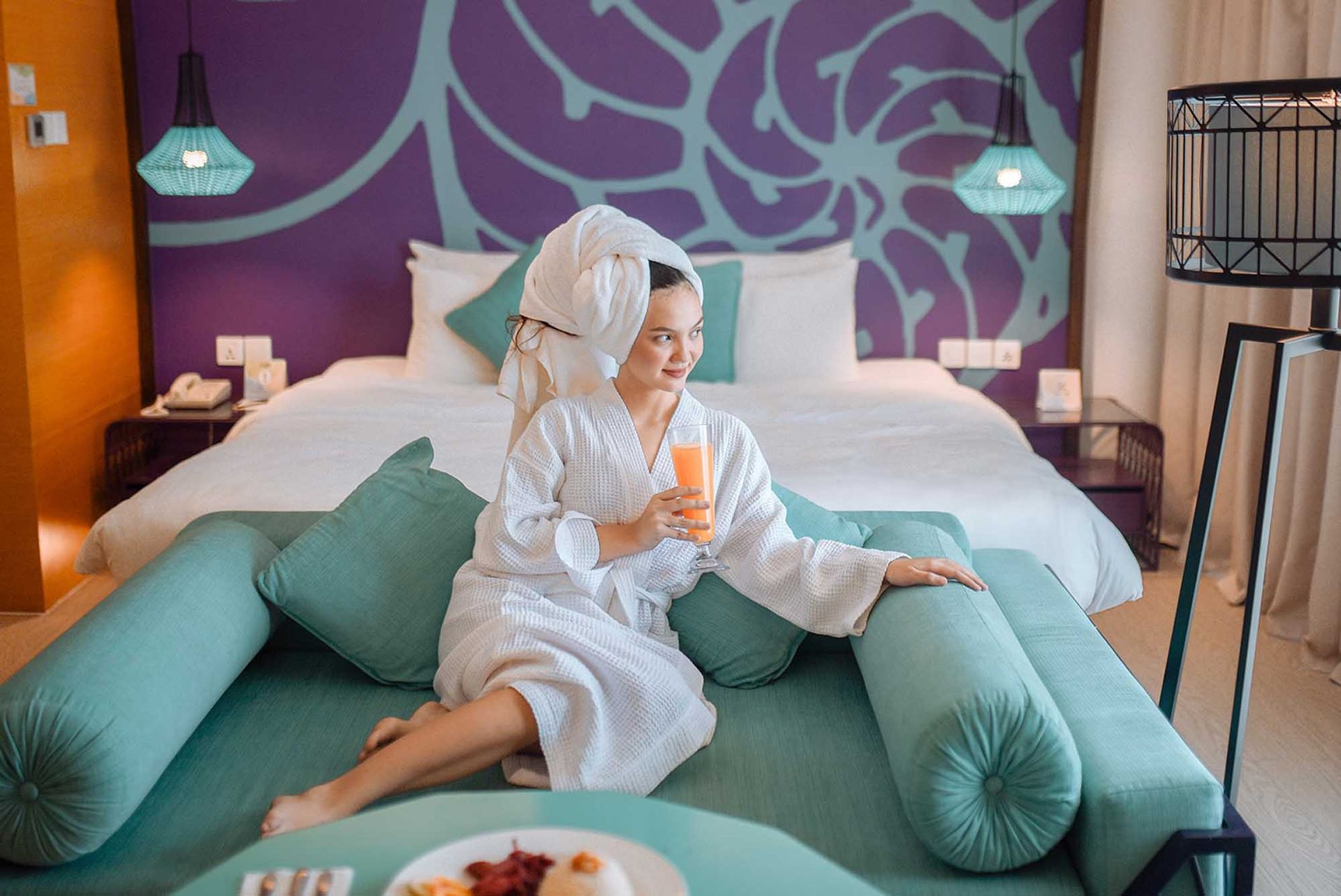 Relaxing at Hue Hotel Boracay Station 2 in cozy bathrobe