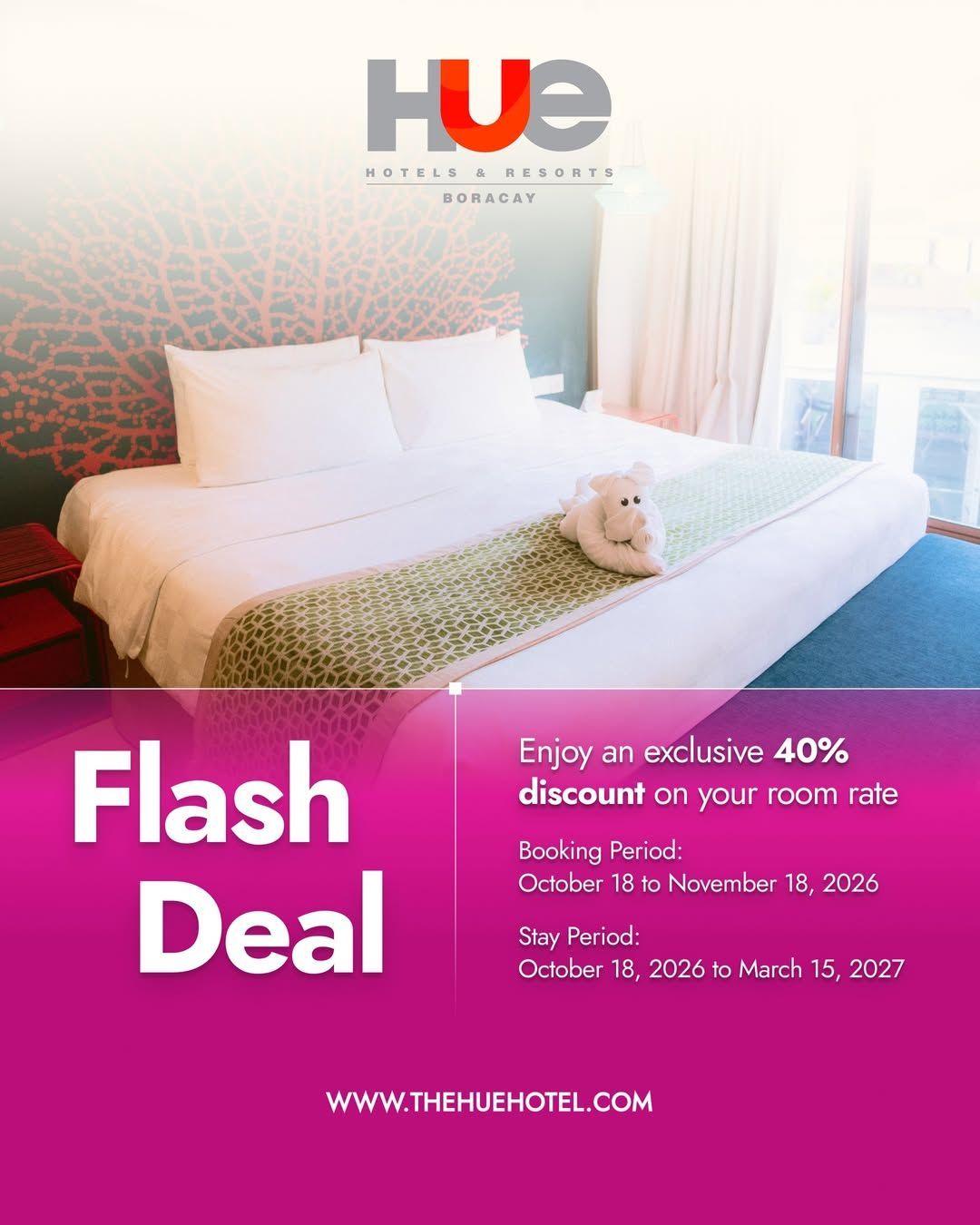 Hotel promo: bright room with bed, “Flash Deal” text, and 40% discount offer.