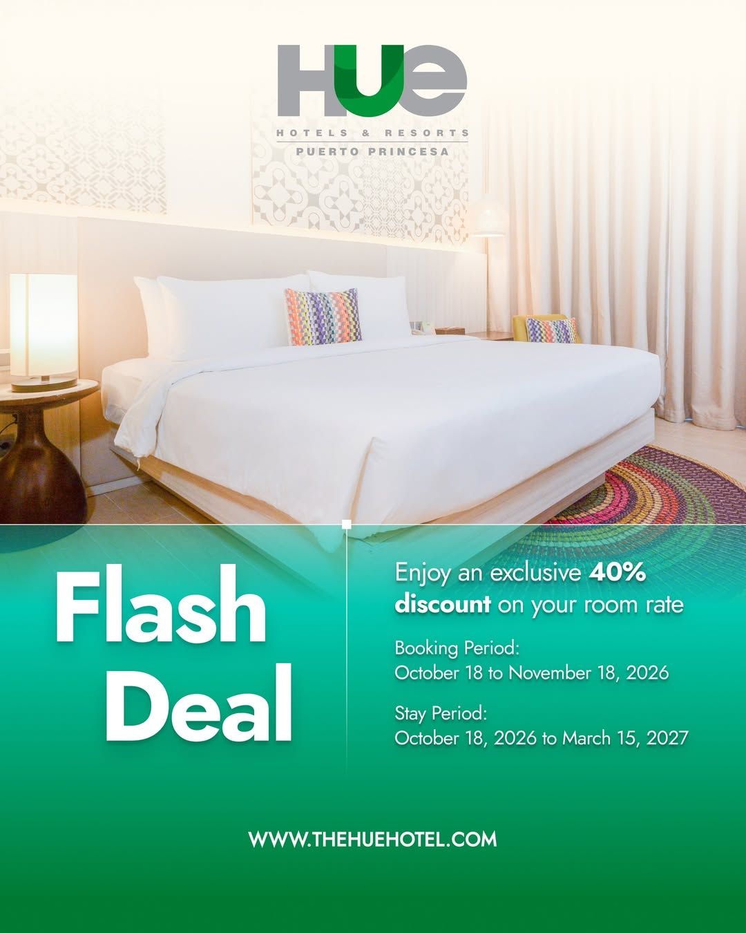 Hotel promo with a bright bedroom and “Flash Deal” text advertising 40% off select rooms