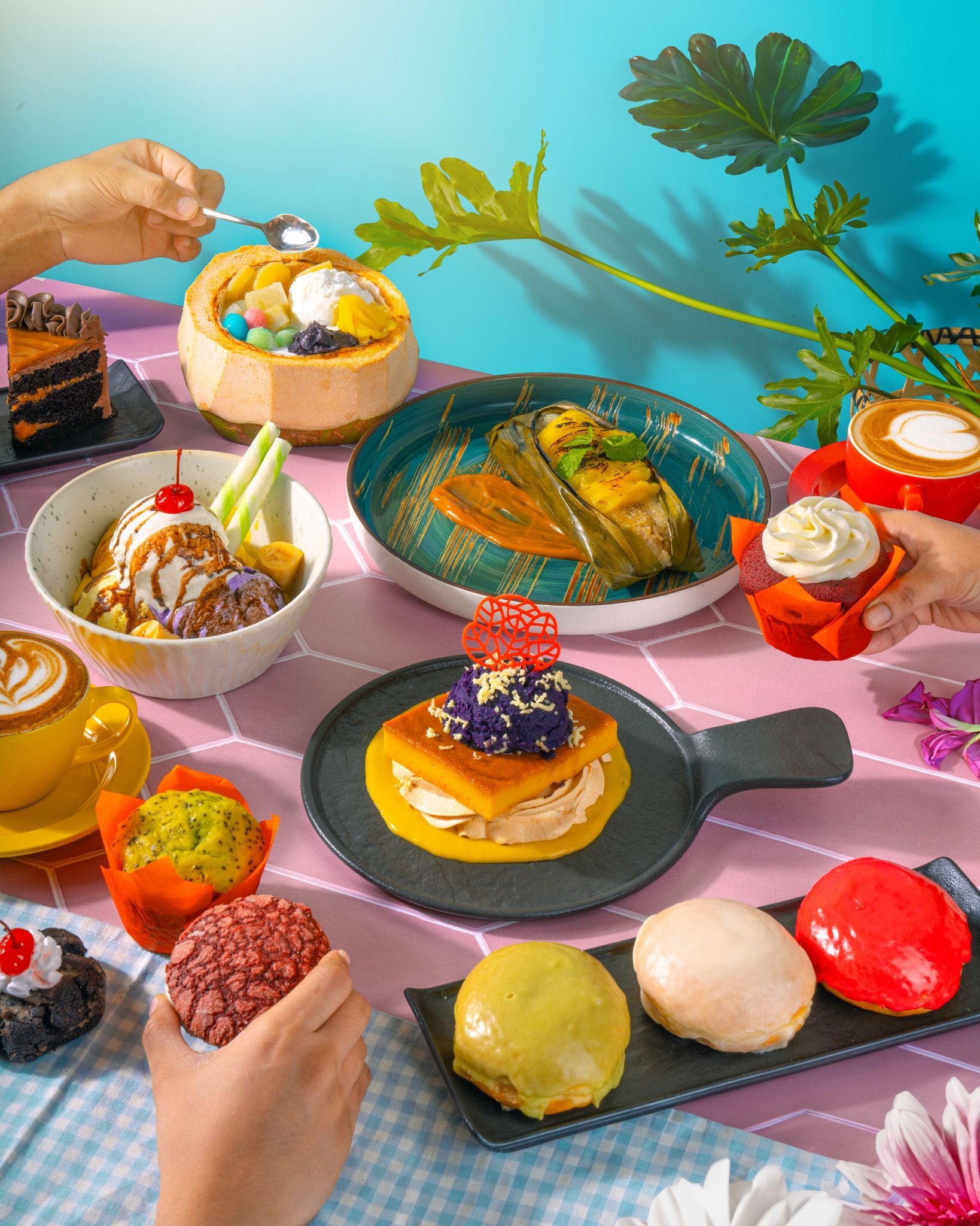 Colorful dessert spread at Flamingo Social in Hue Hotel Boracay featuring pancakes and ice cream sundae