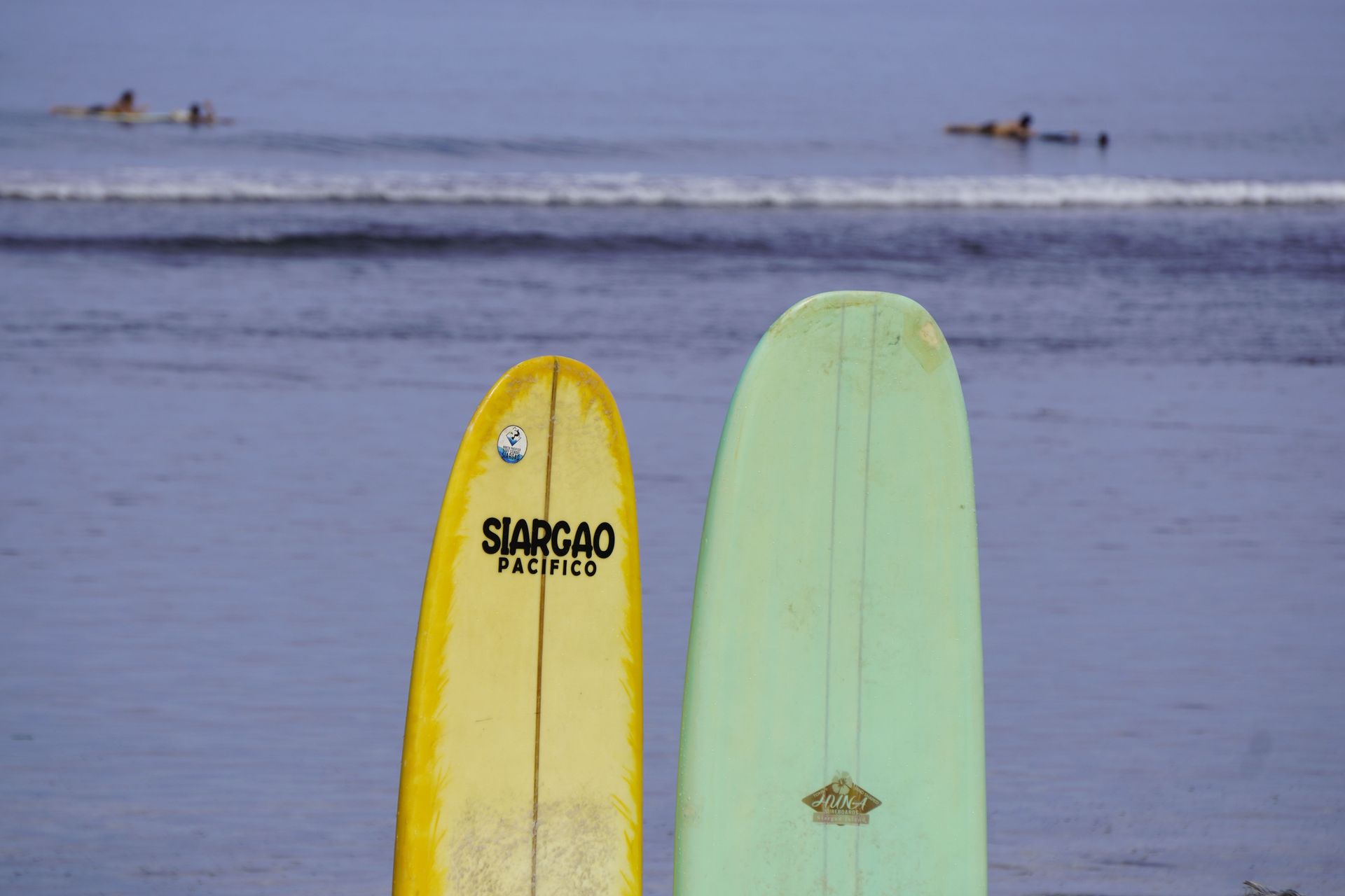 Two surfboards, yellow and mint green, standing on a beach with waves in the background