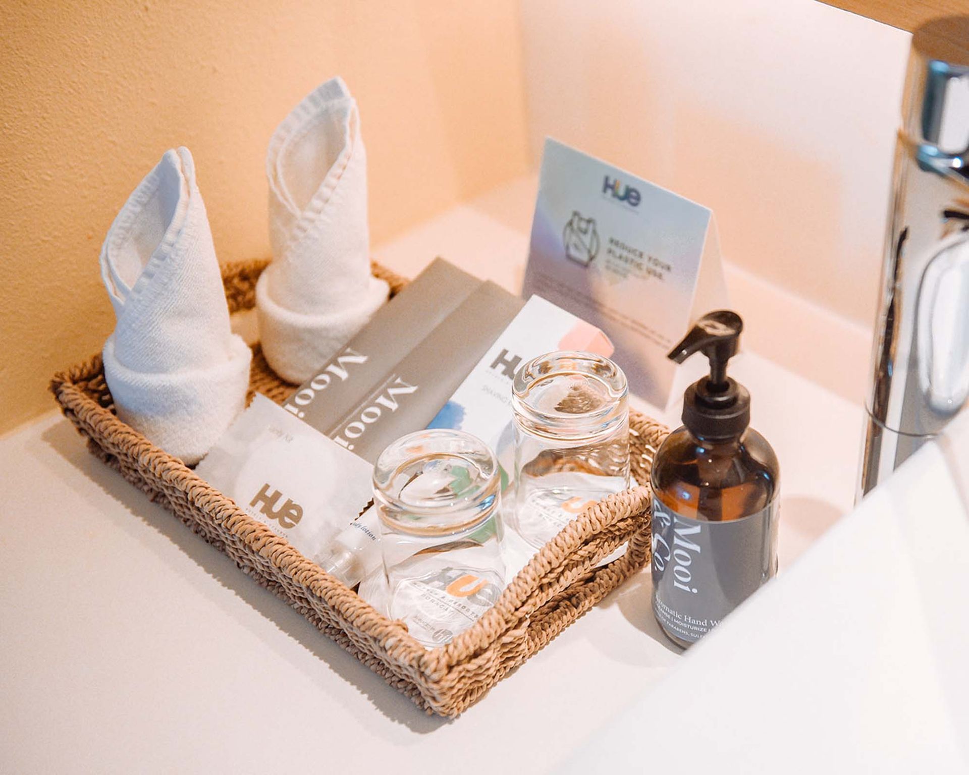Hue Hotel Boracay bathroom amenities tray with Mooi toiletries and towels