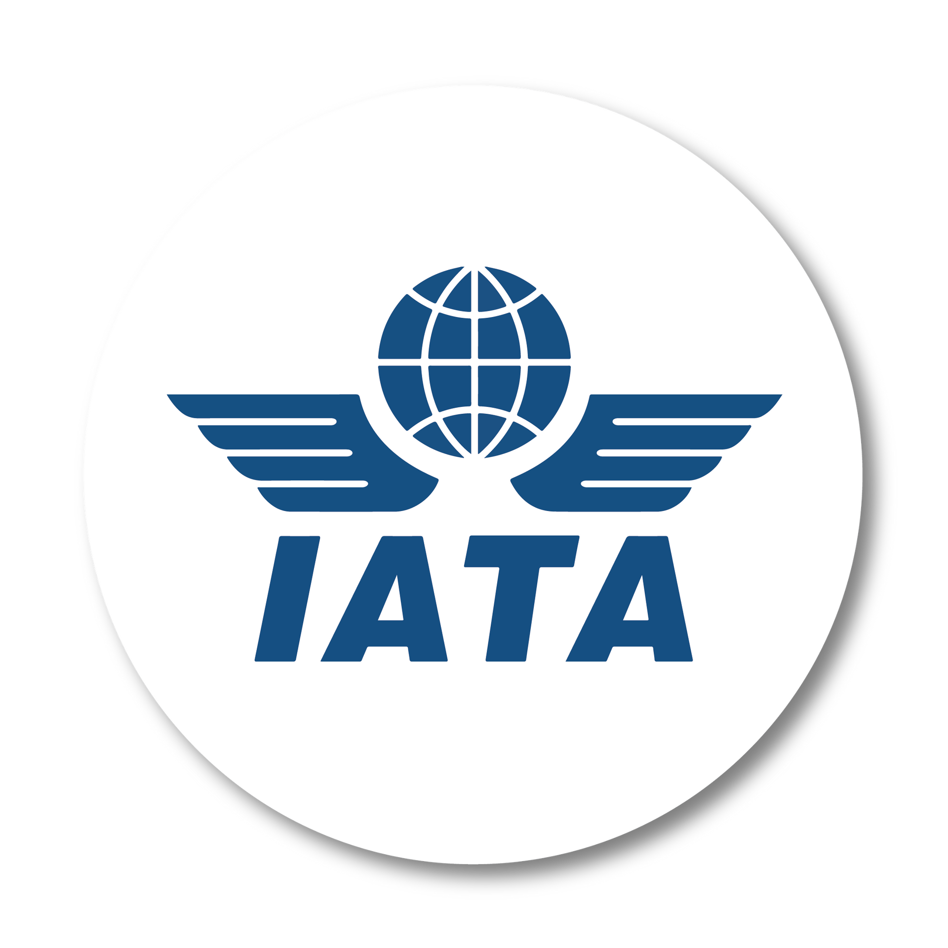 IATA logo: blue wings with a globe, blue text “IATA”, on a white circle.