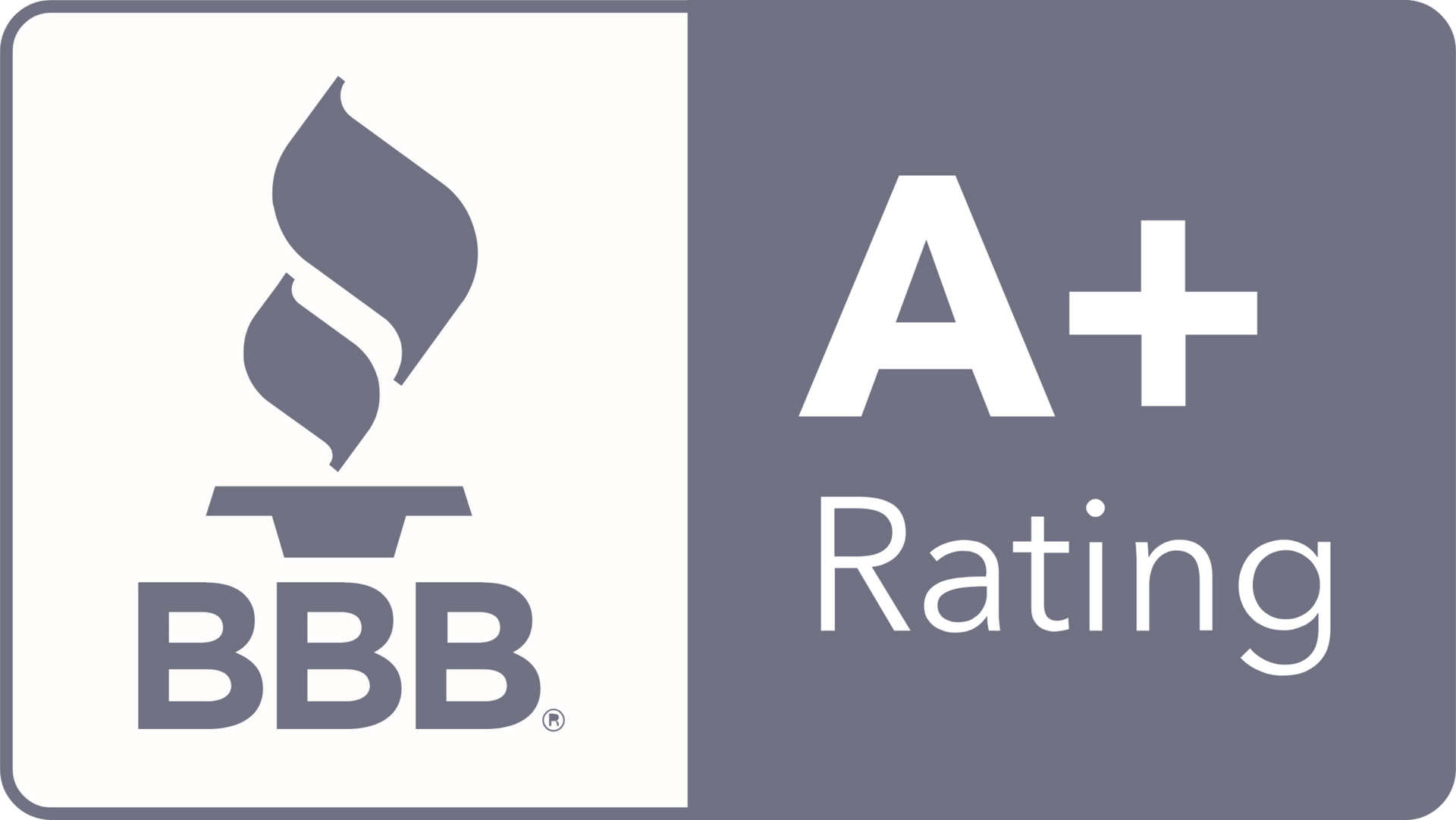 BBB A+ Rating: Grey background with a white flame icon next to text 