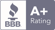BBB A+ Rating: Grey background with a white flame icon next to text 