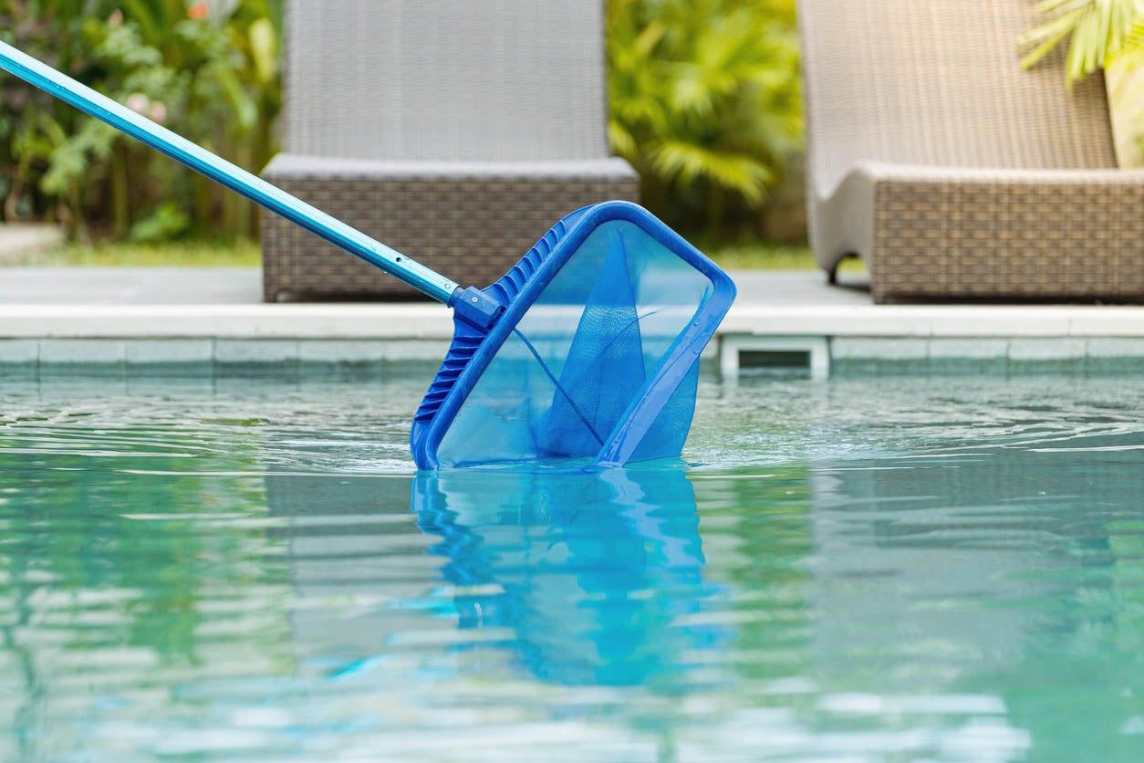 A blue pool skimmer net held over a swimming pool surface with lounge chairs in the blurred background.