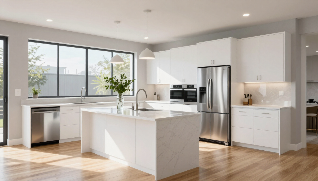 Bright modern kitchen with white cabinets, stainless steel appliances, island, and large windows