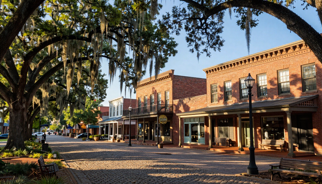 A beautiful historic street in Southeast Georgia with large oak trees and Southern homes.