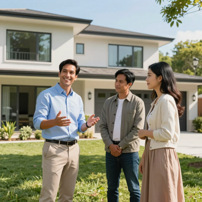Three people discussing in front of a modern house on a sunny day