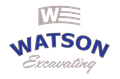 Logo for Watson Excavating featuring a blue, arched "WATSON" above the grey, cursive word "Excavating" and a "W" icon.