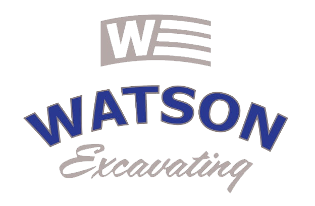 Logo for Watson Excavating featuring a blue, arched "WATSON" above the grey, cursive word "Excavating" and a "W" icon.