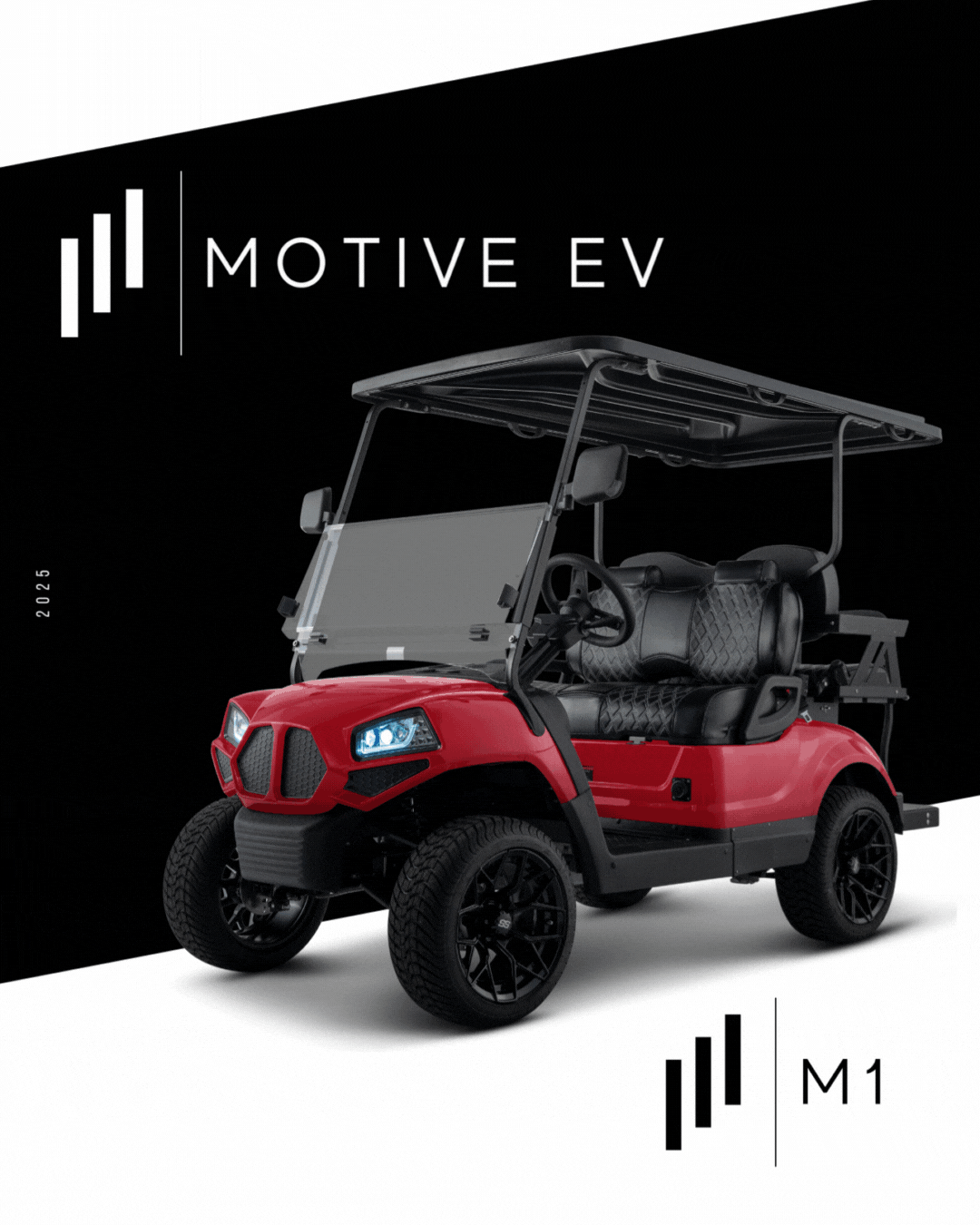 Red Motive EV golf cart with black trim, on a black and white background.