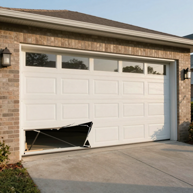 Damaged white garage door with broken lower-left panel on a brick house