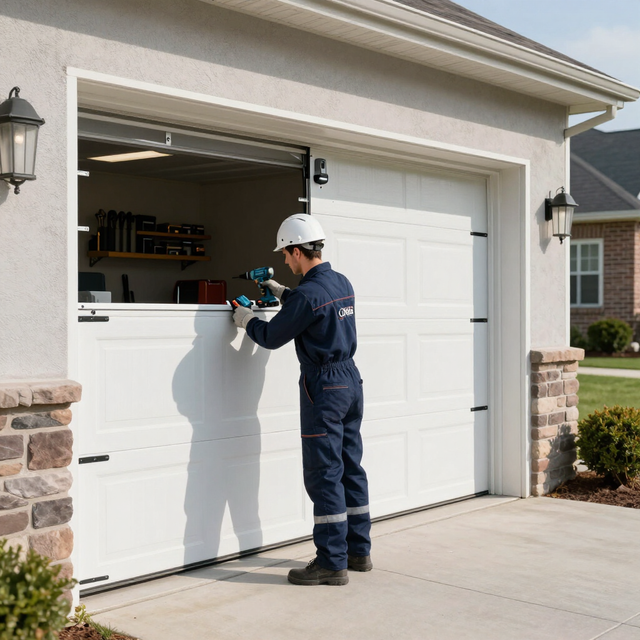 Technician inspecting a garage door opener on a partially open white garage door