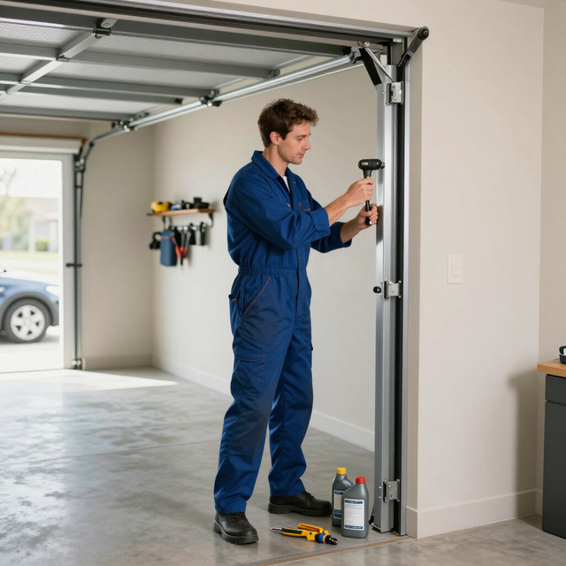 Technician in blue coveralls adjusting a garage door opener in a garage