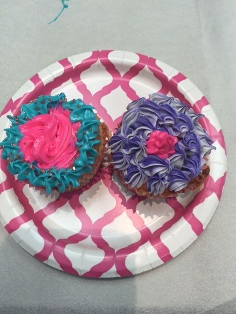 Two cupcakes on a paper plate with pink and purple frosting