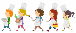 A group of children wearing chef hats and aprons are walking in a line.