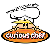 The logo for curious chef shows a chef peeking out from behind a sign.