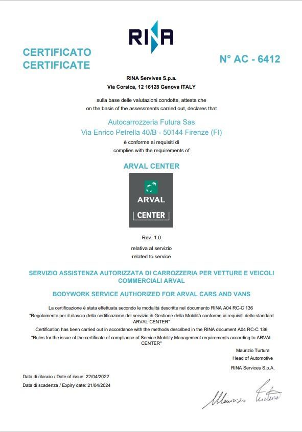 certificato Rina per Arval center