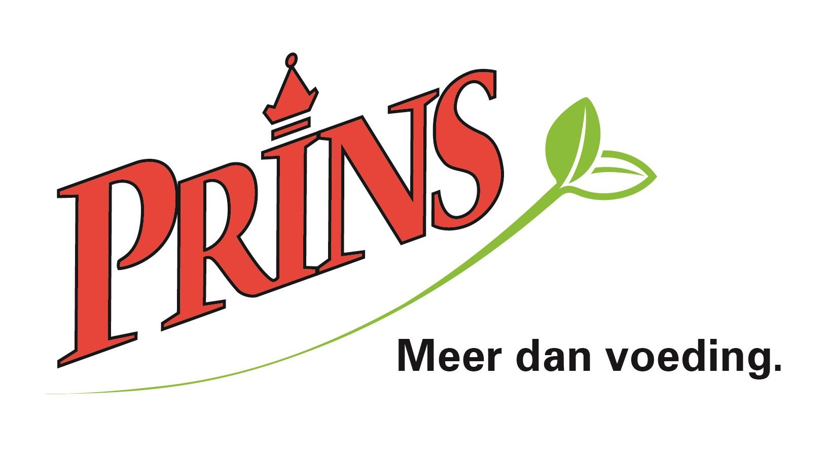 Logo voor Prins, een bedrijf in dierenvoeding, met rode tekst en een groen bladmotief, slogan 