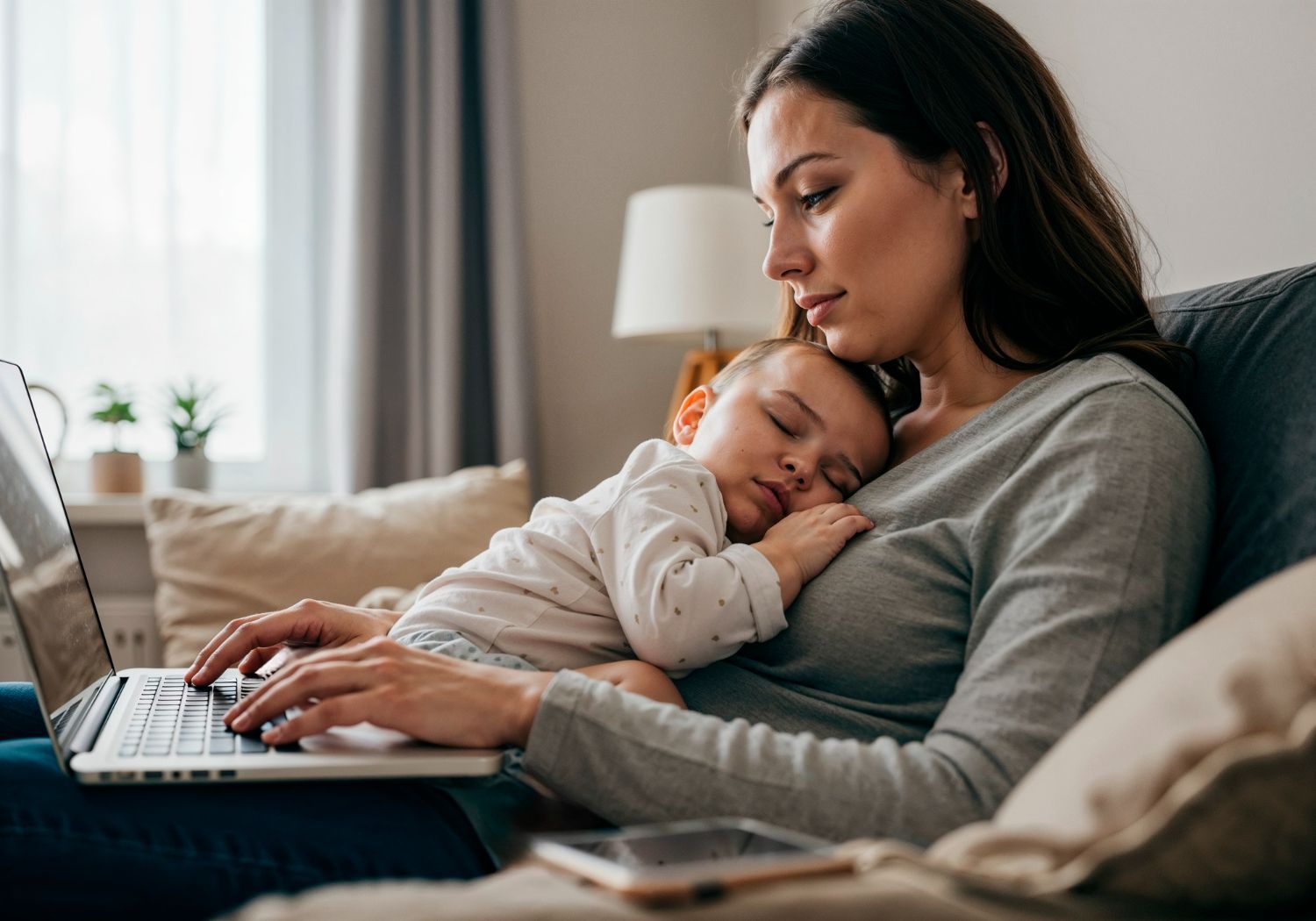 Woman on a couch using a laptop while holding a sleeping baby in a cozy living room