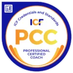 Circular blue-and-gold ICF PCC Professional Certified Coach badge/logo with white center