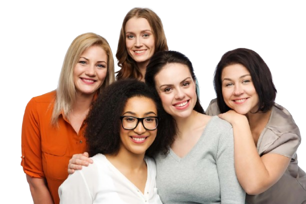 Five smiling women posed together against a white background, wearing casual tops.