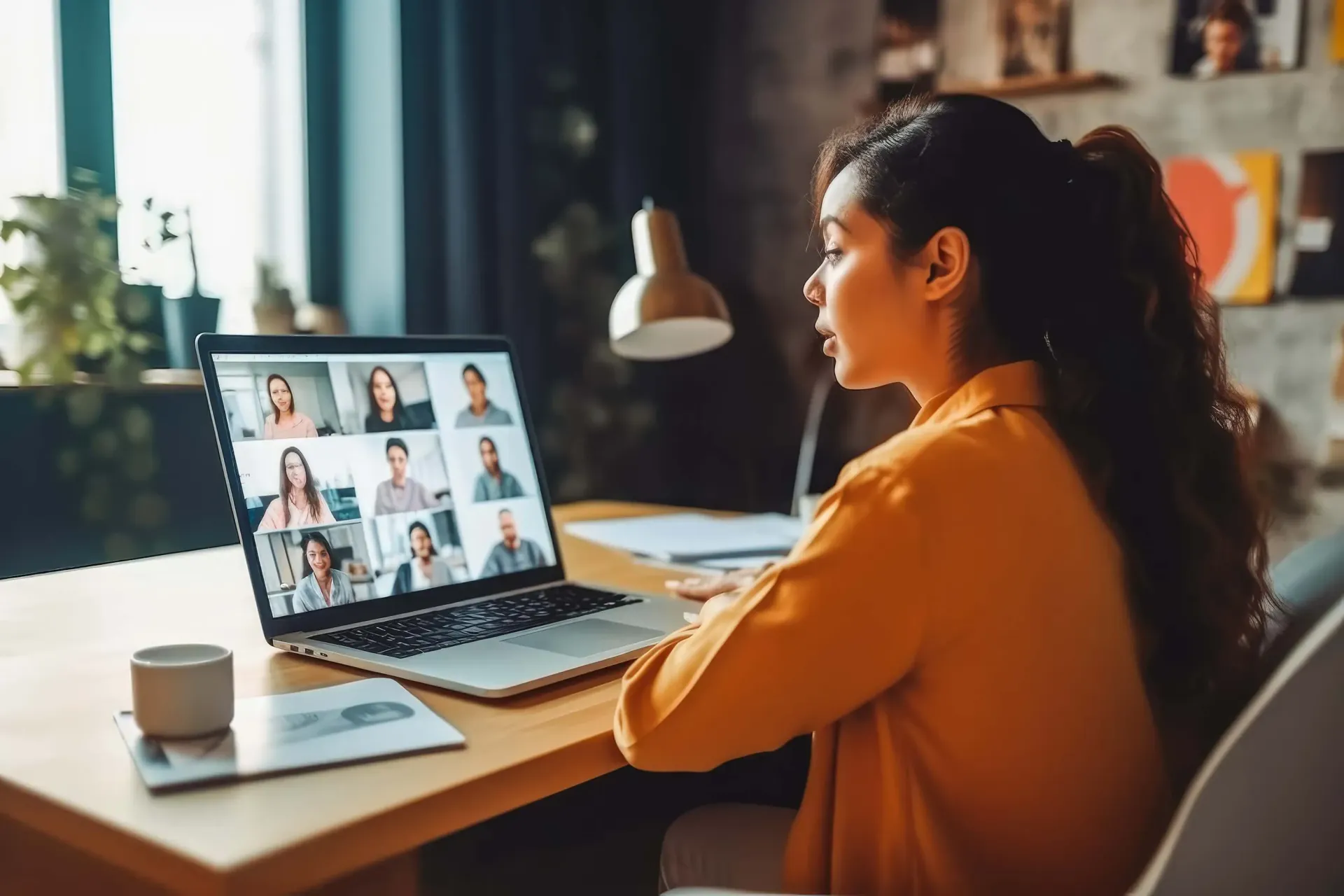 Woman in orange sweater on video call at desk with laptop in a warm home office