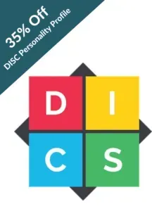 DISC personality profile graphic with D, I, C, and S colored blocks and “35% Off” text