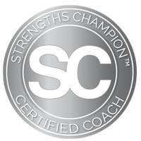 Silver circular Strengths Champion certified coach logo with large “SC” initials in the center