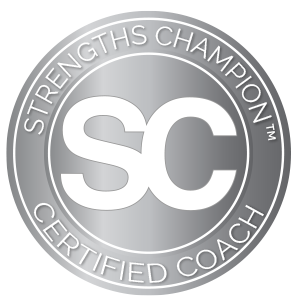 Silver circular logo reading “Strengths Champion Certified Coach” with large “SC” in the center