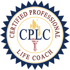 Certified Professional Life Coach seal with navy and gold border and CPLC in center