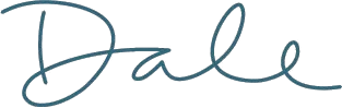 Stylized blue handwritten word “Dale” on a white background