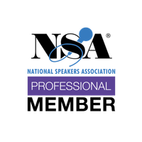 National Speakers Association Professional Member logo with blue and black text and speech bubbles