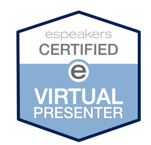 ESpeakers Certified Virtual Presenter badge in blue and white with hexagon border