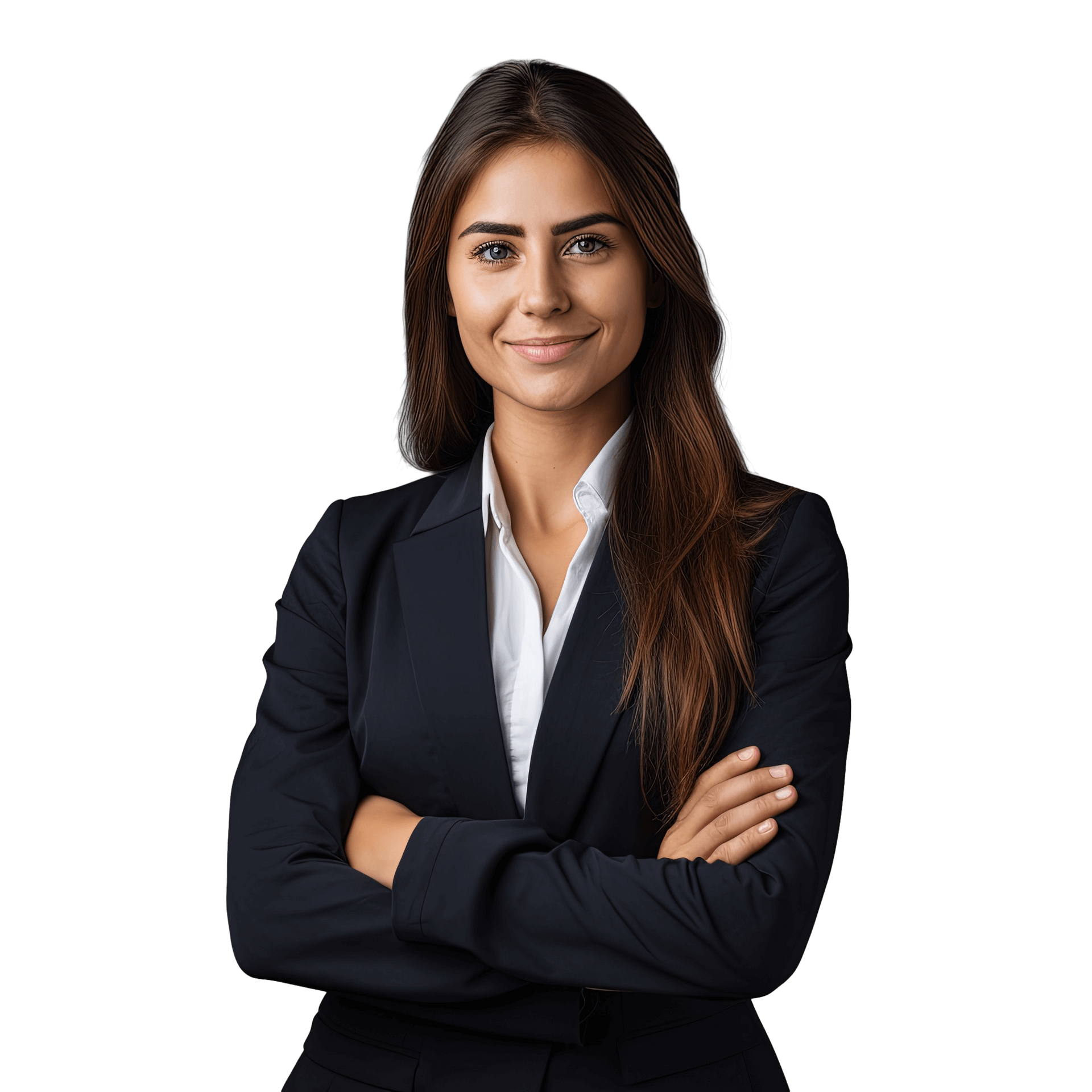Confident professional in a dark blazer with arms crossed on a white background