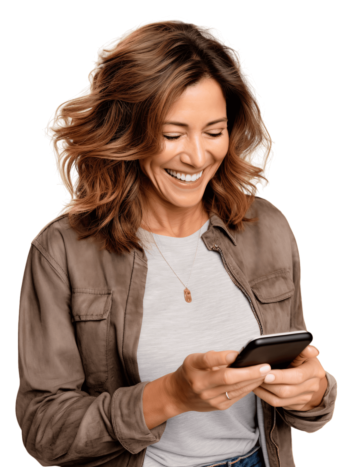 Smiling person in a brown jacket looking at a smartphone against a white background