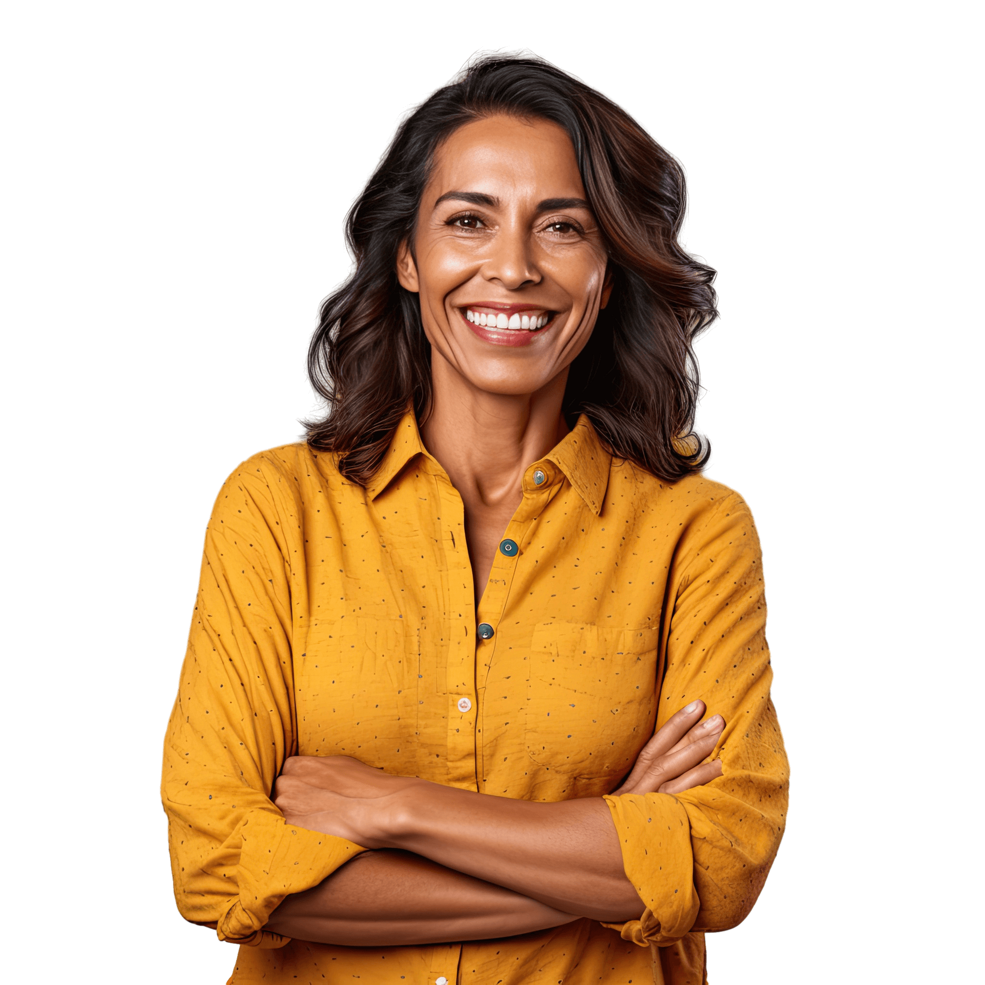 Smiling person in a mustard yellow shirt with arms crossed against a white background