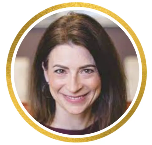 Smiling headshot in a circular gold border on a white background