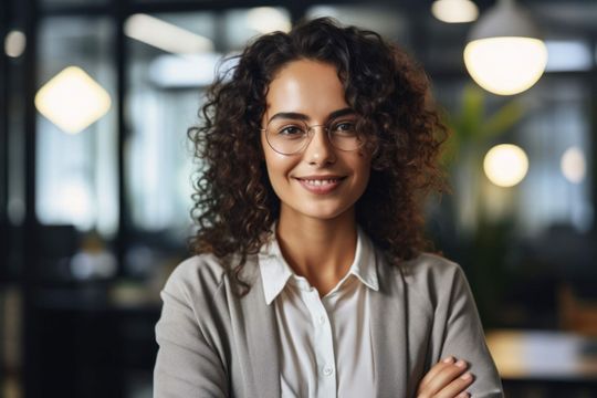 Smiling person with curly hair and glasses, standing in a modern office with arms crossed