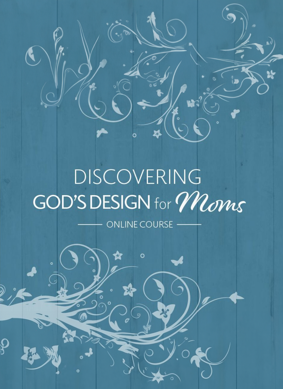Blue book cover with white floral swirls and the title “Discovering God’s Design for Moms”