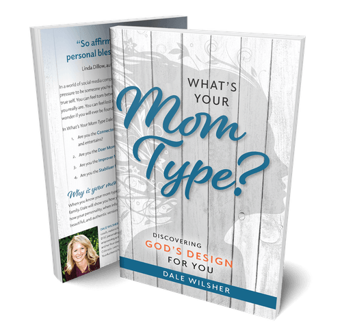 Book cover reading “What’s Your Mom Type?” in blue and white with a woman’s photo on the back cover