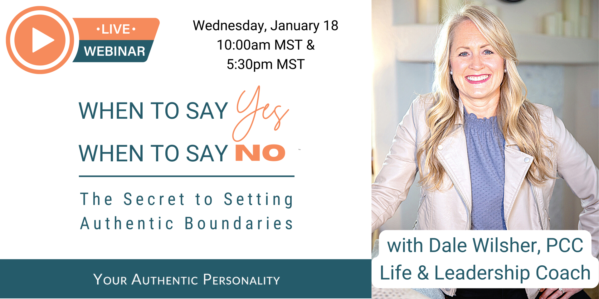 Webinar promo with smiling woman, orange play icon, and text: “When to Say Yes, When to Say No”
