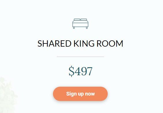 Shared king room listing with $497 price and orange “Sign up now” button