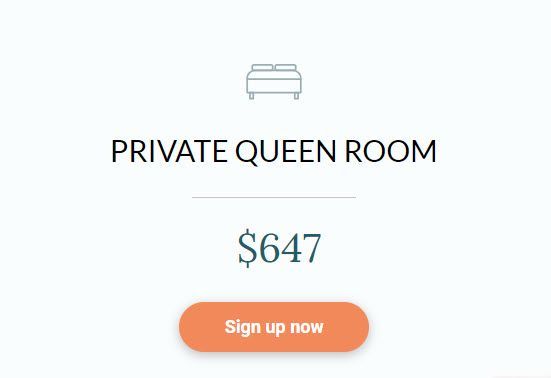 Private queen room listing with bed icon, $647 price, and orange “Sign up now” button