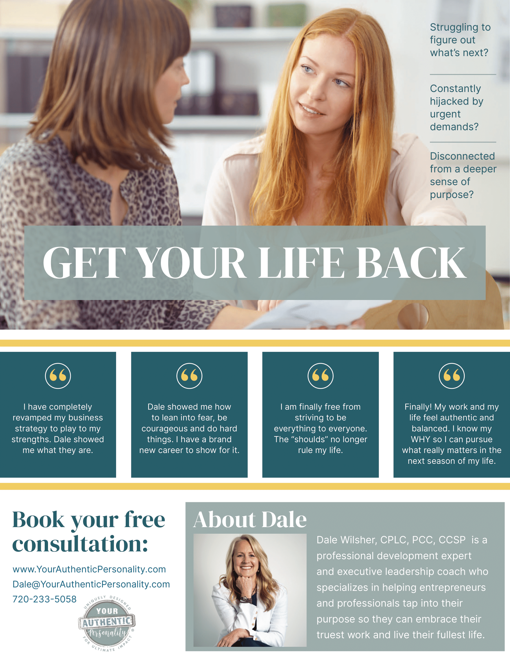 Therapist website banner with two women talking and the headline “Get Your Life Back”