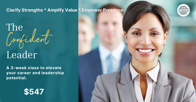 Promotional banner for “The Confident Leader” course with smiling woman in business attire and $547 price tag