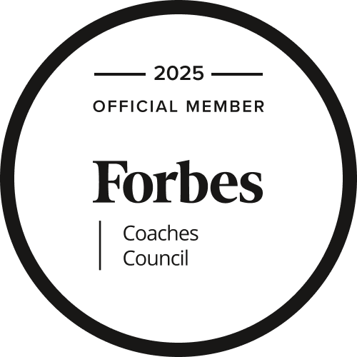 Forbes Coaches Council official member badge with 2025 text in a black circular border